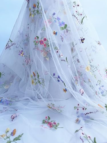 Elegant White Lace Fabric Tulle Fabric by Yard Colorful Floral Embroidery 35x51in - Soft Tulle for DIY Dresses & Wedding Gowns Hand Wash Only (White 1 Yard35x51in)