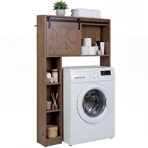 COSTWAY Meuble WC en Bois avec Porte Coulissante, Meuble Machine à Laver, Étagère de Toilettes sur Pied avec Compartiments Ouverts, pour Salle de Bain,...
