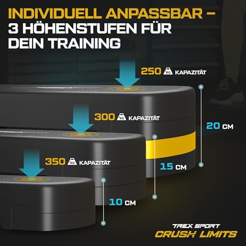 TREX SPORT Steppbrett für zuhause höhenverstellbar TX-030AS | 68×28×10/15/20cm Aerobic Stepper 3 Stufen, rutschfest, bis 350kg belastbar | Stepboard Gelb