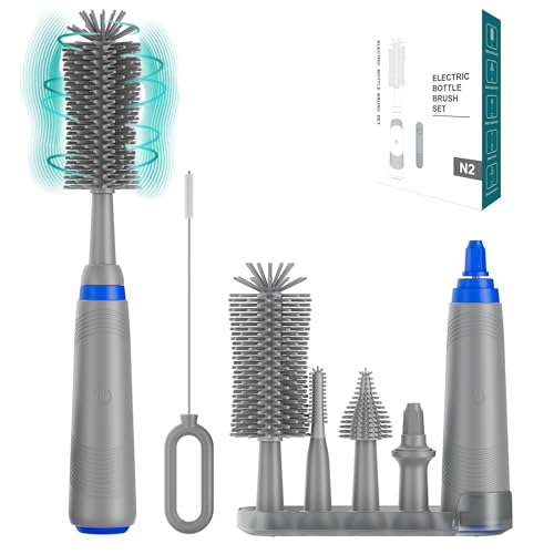 Image of Acodoy Electric Bottle Set with Water Bottle, Nipple Brush, Straw Brush, Extension Handle, Gift for Pregnant Women and New Moms (Leather Case + Shelf + Gray)