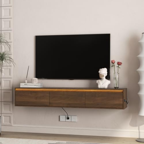 Floating TV Stand Wall Mounted TV Shelf with LED Lights & Power Outlet, Modern Wooden Entertainment Cabinet with Storage Shelves, USB Charging Ports, High Gloss Finish Media Console for Living Room