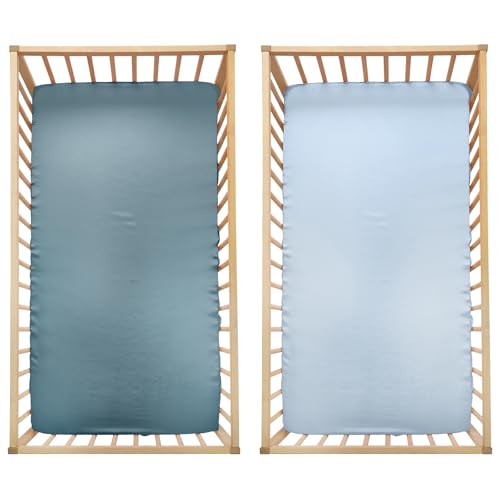 Image of SiinvdaBZX 2 Pcs Satin Mini Crib Sheets 38 x 24In, Fog Blue & Light Blue | Silk-Like Soft Mini Portable Crib Sheets Mattress Cover Portable Playard Sheets with 5In Deep Pocket, Great for Baby Hair