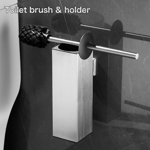 Image of Toilet Brush Set, Brushed Wall-Mounted Toilet Brush Holder | Square Stainless Steel Toilet Brush for the Bathroom-Drill-Hole Installation, Long Handle with Splash-Proof Plastic Cover