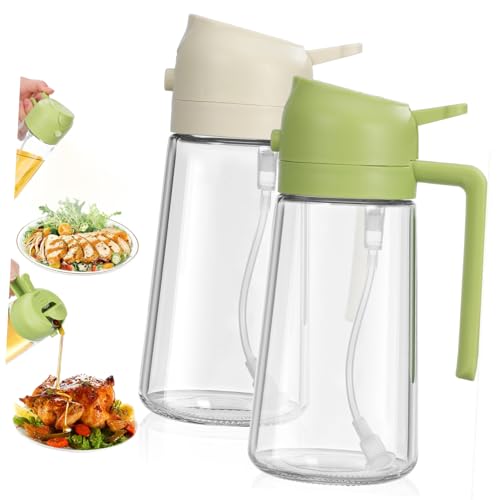 FIXOSHEE 2 piezas Aceitera Pulverizadora de Vidrio Verde y Blanco Dispensador de Aceite de Oliva con Tapa Hermética Boca Ancha para Fácil Relleno y Limpieza para Cocina y Ensaladas