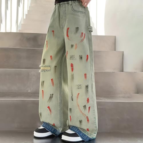Cute Baggy Ripped Jeans for Girls Y2K Wide Leg Loose Denim Pants Elastic Straight Leg Jeans Casual Preppy Clothes4