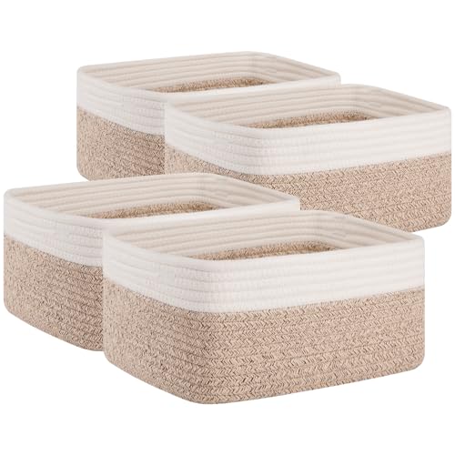 Image of OIAHOMY 4 Pack Storage Baskets for Organizing, Small Bins for Shelves, Cute Decorative Storage Bins, Organizer Baskets for Gifts Empty, 13''Lx8.7''Wx5.1''H, Brown/White