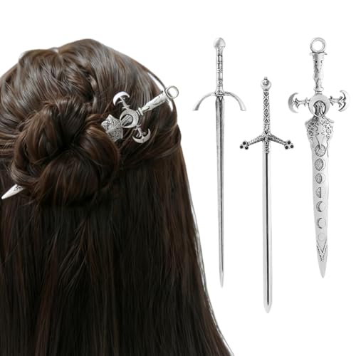 3-Piece Sword Hair Pin Set Gothic and Viking Hair Accessories for Women Medieval Hair Sticks & Renaissance Hair Jewelry