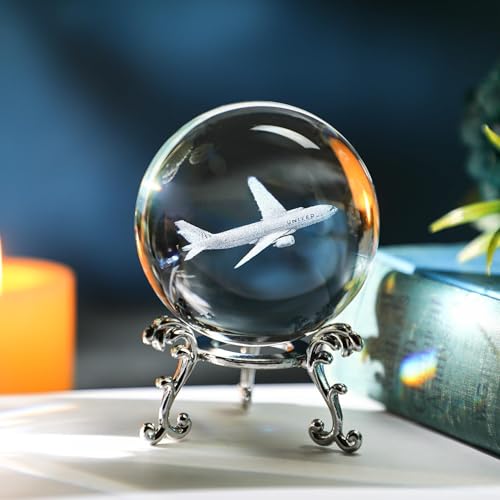 HDCRYSTALGIFTS 60mm 3D Lase Engraved Airplane Crystal Ball with Stand Glass Sphere Plane...