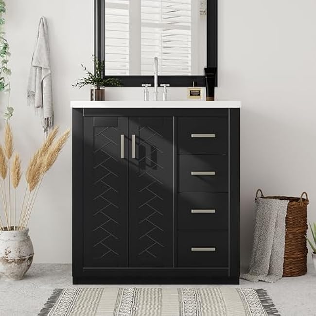 30'' Bathroom Vanity with Resin Sink Combo,Solid Wood e Bathroom Storage Cabinet, Freestanding Vanity Set with 3 Drawers Soft Closing Doors