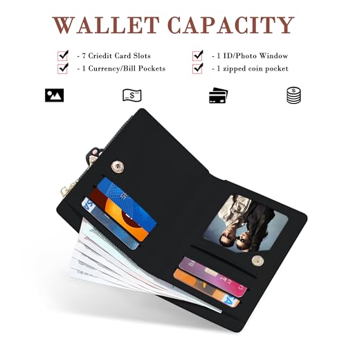 CONISY Small Wallet for Women, Leather Bifold RFID Blocking Compact Cute Wallet with Zipper Coin Purse, Gift Ideas for Teen Girls Ladies (Cat Black)2