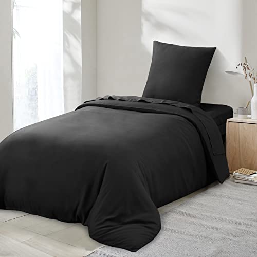 RUIKASI Housse de Couette 140x200 Noir - Parure de Lit 140 x 200 Adulte avec Fermeture Éclair 2 Personnes, Parure Housse Couette en Microfibre avec 2 Taies d'oreiller 65x65 cm