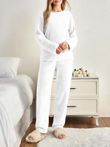 Image of KOTTY Women's Fleece White Winter Cord Set | Cozy Track Suit with Sweatshirt & Pants | Perfect for Airport & Jogging Look