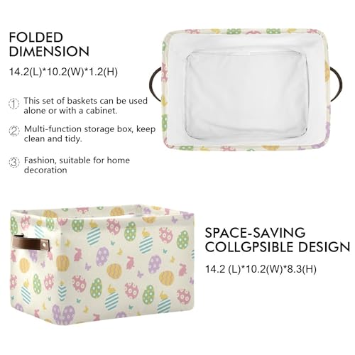 Image of Easter Eggs Cute Storage Basket with Waterproof Liner and PU Handles Happy Easter Day Bunny Rabbit Butterfly Storage Bins Boxes 14.2 inch Collapsible Decorative Organizer Baskets for Bedroom Closet 1 Pack