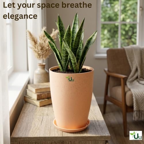 Image of Urban Upvan Beige 14 inch Tower Planter Pot with Tray | Large Indoor Outdoor Decorative Flower Pots for Home, Balcony & Garden (Pack of 2)