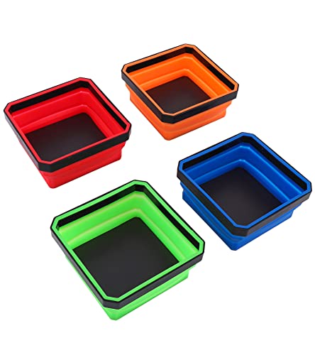 DOWELL Magnetic Tray Bowl Set 4-Pack Magnetic Collapsible Bowl Set Nut Cup for Small Parts Tools Screws Nut Bolt Silicone Tray Set Red Blue Orange and Green