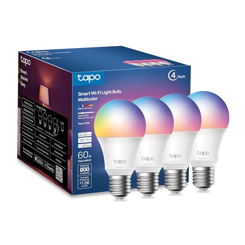 Tapo TP-Link Smart Light Bulbs, 16M Colors RGBW, Dimmable, Compatible with Alexa and Google Home, A19, 60W Equivalent, 800LM CRI>90, 2.4GHz WiFi only, No Hub Required, L530E(4-Pack) by Tapo - Used condition - US$18.45