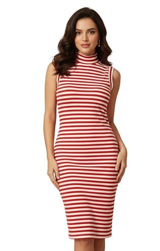 Image of NUEVOSDAMAS Red Striped Sleeveless Ribbed Bodycon Midi Dress