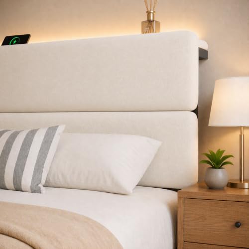 Image of Queen Bed Frame with 2 Storage Drawers, Light Beige Velvet Upholstered | Platform Bed with Charging Station, LED Headboard Lighting, Metal Support, Noise Free, No Box Spring Needed, Easy Assembly