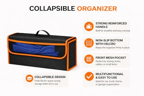 Image of JVCV Car Trunk Organizer Storage Bag with Mesh Pocket | Foldable Boot Storage Box | Durable Anti Slip Black Organizer | 29x50x17 cm | Multipurpose Car Storage (Large - Black Orange)