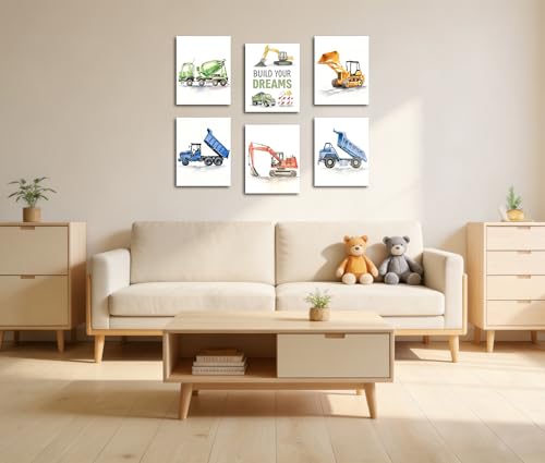 Image of Frimeeme Construction Vehicle Canvas Decor, Set of 6, 8x10 Inch | Boys Truck Wall Art, Watercolor Playroom Pictures, Unframed