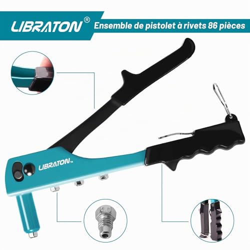 Libraton Riveteuse Manuelle Pince à Riveter Ensemble Interchangeables avec Rivets 80 Pièces pour 4 Types de Rivets HSS Forets Riveter pour Automobile, Chemin de Fer, Meubles, Instrument – vue 3