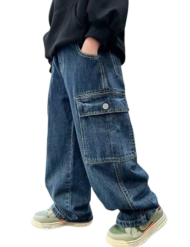 Boy's Baggy Jeans Y2k Elastic Waist Pull On Denim Pants Straight Wide Leg Jeans for Kids 6-14 Years