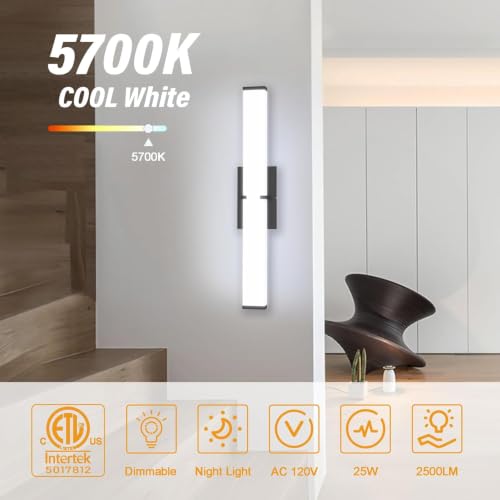 Image of Bathroom Vanity Light with Night Light Cool White 5700K Black Modern Matte Bathroom Lighting Fixtures; 24 Inch IP44 25W Equivalent to Incandescent 250W for Over Mirror Vanity Light ETL Listed