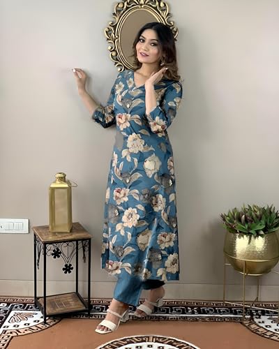 Image of GoSriKi Women's Cotton Blend Printed Kurta with Pant