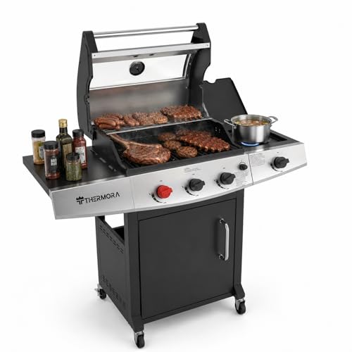 THERMORA 4 Burners Propane Gas Outdoor Grill 50,000 BTU, 553 Sq.in, Searing Burner, Side Burner, Porcelain-Enameled Grates BBQ Grill, Stainless Steel Propane Grill, Patio Garden Family Party Barbecues