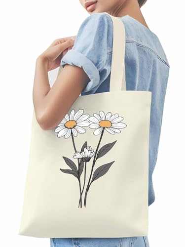Canvas Tote Bag, Nature Daisy Flowers Cute Pastel Floral Aesthetic Canvas Tote Handbags for Women Shoulder Bag3