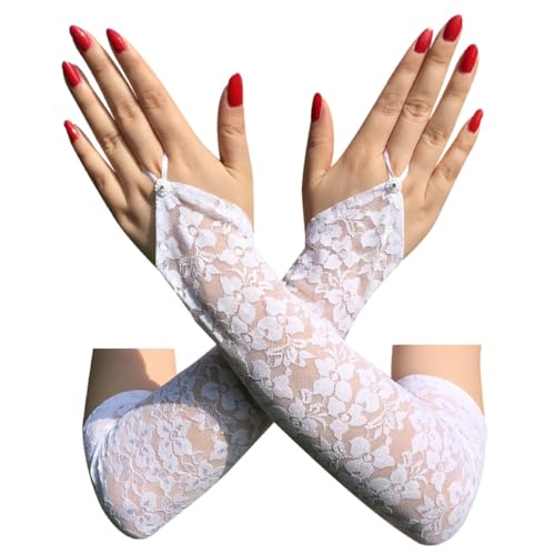 Visxcnu Gants sans Doigts en Dentelle pour Femmes Gants Longs en Maille des Années,Long Gant Blanc Tulle Femme Coude Sexy Longs Moufles Pour Femmes Mariage...