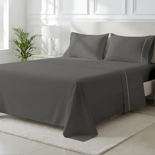 Image of THREAD SPREAD Egyptian Cotton Sheets Queen Size - Luxury 2000 Series High Thread Count Cotton Cooling Sheets Queen Size (4 PC, Dark Grey), Soft, Sateen Weave, 17 inch Extra Deep Pocket Hotel Bedding Set