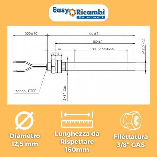 Easyricambi - Zündkerze für Pelletofen 350 W, Durchmesser 12,5 mm und Länge unter Anschlag 160 mm (Gesamtlänge 170 mm), Gewinde 3/8 Zoll Gas, Ersatzteil für Modelle: Palazzetti Royal Edilkamin