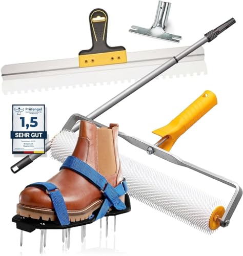 Colorus Bodenbeschichtungs-Set 5 tlg. - Stachelwalze 40 cm & Nagelschuhe – Nivellierset mit Flächenrakel 60 cm & Teleskopstange – Profi Entlüftungsroller für Ausgleichsmasse, Estrich & Epoxidharz