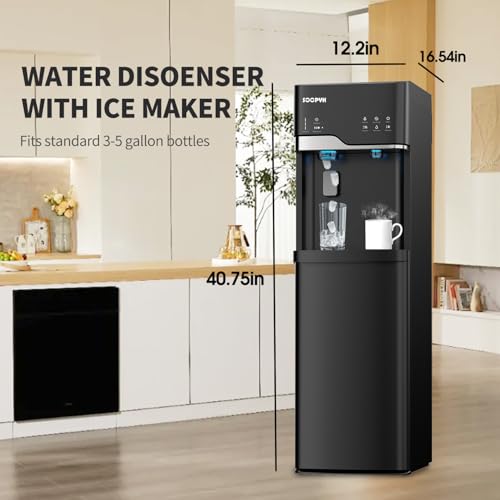Image of Self Cleaning Hot and Cold Bottom Load Water Cooler Dispenser with Ice Maker 5 Gal Built-in Bullet Ice Maker 22lbs Daily Capacity Black
