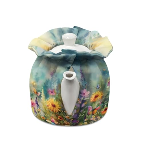 Image of Xoenoiee Butterfly Vibrant Flowers Print Tea Cozy Cotton Tea Cosy for Teapots Keep Warm Teapot Cover Insulated Kettle Cover for Home Kitchen Table Decor