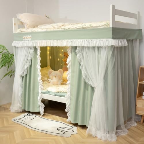 Bunk Bed Curtains for Dorm Bedroom Green Bed Canopies White Nets with Valance Blackout Loft Bed Accessories for Bottom (Light Green,59″ Height)