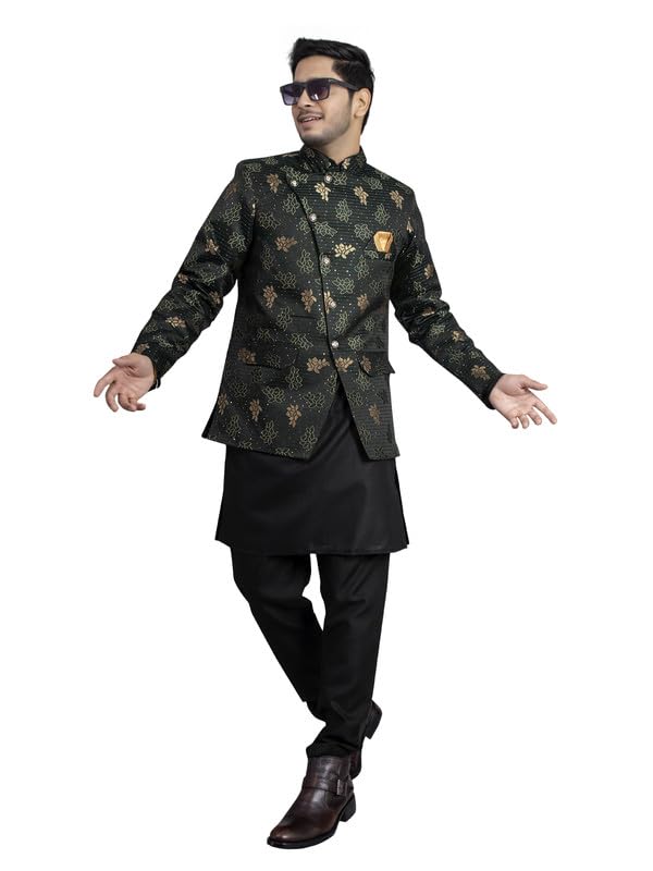 Ethzy Men's Jacquard Casual Regular Printed Full Sleeve Knee Length Kurta Pyjama With Long Koti Jacket/Waistcoat 3 Piece Ethnic Wear Set - Traditional and Trendy(Green)-image-49