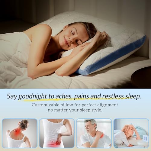 Image of BETU Cooling Pillow Queen Size, Shredded Memory Foam Cool Pillow for Hot Sleepers, Adjustable Firm Soft Support Bed Pillows Perfect for Back Neck Pain and Side Sleeping with Pillow Case Cover, Blue