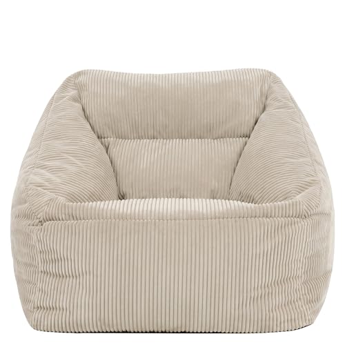 Icon Natalia Sitzsack Sessel für Erwachsene, Beige, Flauschiger Cord Stoff, Riesen Sitzsack Cord mit Füllung, Bean Bag Chair, Bequemer Sessel Wohnzimmer, Lounge, Schlafzimmer, Büro