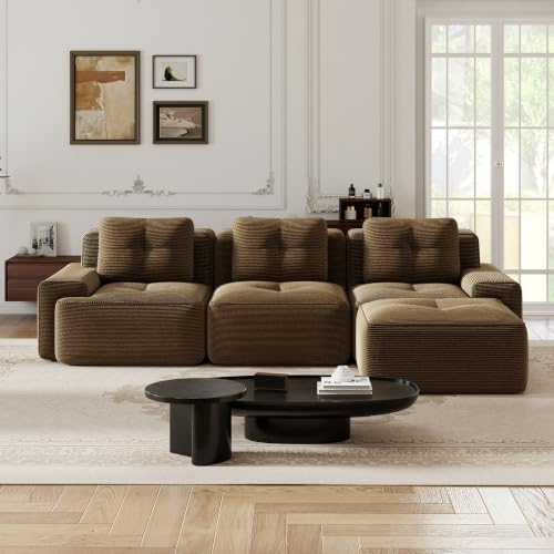 Image of 117 inch L-Shaped 3-Seater Modular Boneless Couch with Ottoman, Soft Corduroy Cloud sectional Sofa, Deep Seat Ergonomic Design, No Assembly Anti-Slip Sofa for Living Room, Brown