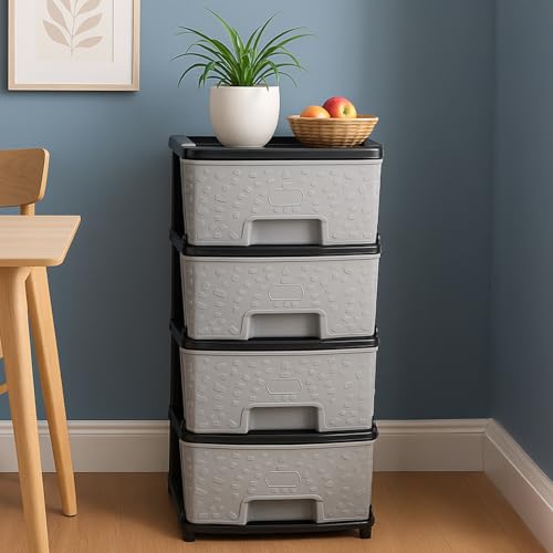 Image of Amazon Basics Plastic 4 Rack Multipurpose Modular Drawer Storage Rack | Kitchen & Home Essentials Organizer Storage Box Cabinet | Almira Set for Stationary, Cosmetic |Black & Grey 36D x 30W x 63H cms