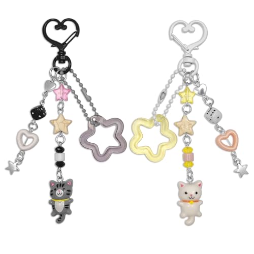 Nalefow 2 Pieces Cute Keychain Bag Accessories Sweet Strawberry Keyring Aesthetic Y2K Accessory Flowers Keychains for Car Keys Bags Purse (2x Gray White Cat Sets)