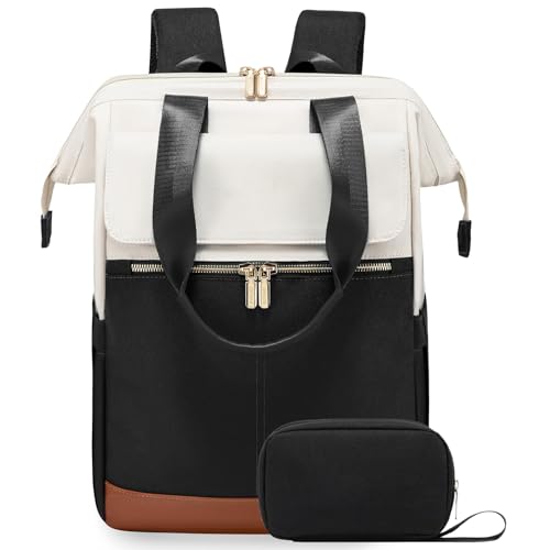Laptop Backpack for Women, 2PCS 15.6 Inch Work Backpack, Waterproof Travel Computer Bag for Teacher Nurse, Fashion Back Pack Purse with Organizer, Beige-Black