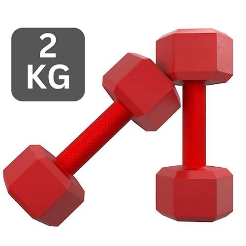 Image of De Jure Fitness PVC Hex Dumbbells Pair for Strength Training & Home Gym Workout | Anti-Slip Encased Coating, Full Body Fitness, 2kg Pair, Red