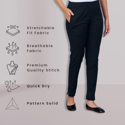 Image of Happy Bunny Cotton Blend Lycra Kurti Pants for Women, Soft 30% Stretch Full Length Trousers with Elastic Waist & Zip Pocket, Ideal for Office, Work, Casual, Home Wear Breathable Slim Fit