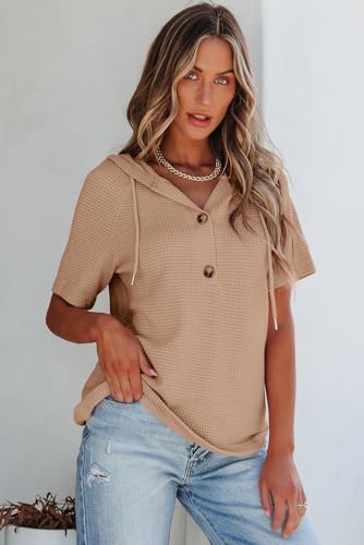 Image of Dokotoo Womens Summer Tops Waffle Knit Short Sleeve Lightweight Drawstring Hoodies Button V Neck Casual Blouses Shirts