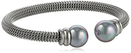 Majorica 12mm Grey Pearls on Silver Stainless Steel Cuff Bracelet