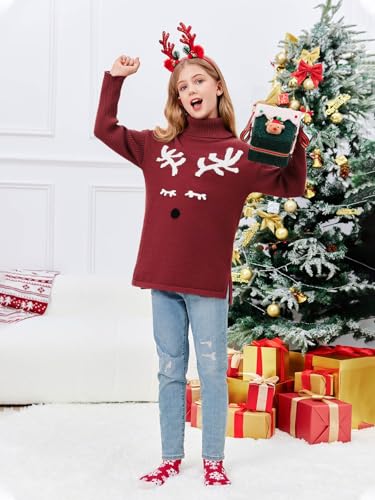 Image of Haloumoning Girls Christmas Sweater Kids Oversized Turtleneck Cute Reindeer Sweaters with Side Slit