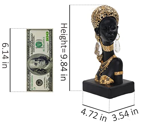 Lescafita African Lady Bust Sculpture with Golden Headwrap – Resin Figurine with Earrings and Necklace, Modern African Woman Statue for Home Decor and Cultural Gift